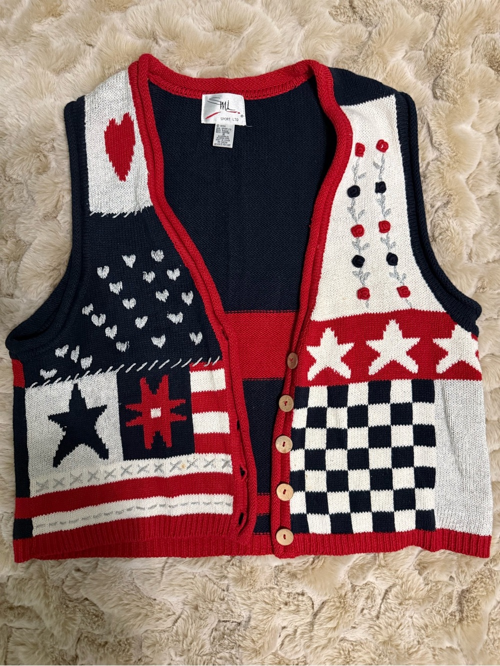 Vintage 1994 SML Sport Patchwork Knit Vest in Red Navy White